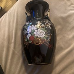 Vintage Hand Painted Vase Black Floral Decorative Hand Made in Taiwan