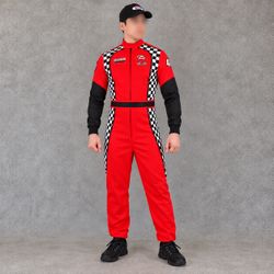 Mens XL Race Car Driver Costume Red Racing Jumpsuit Hat Halloween NASCAR Style