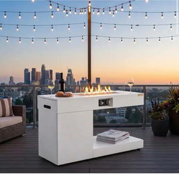 40 in. Rectangular Metal Outdoor Fire Pit Table in White with Hidden Propane Tank Storage and Wind Guard
