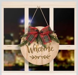 Kurala Wooden wall decoration for hanging on front door, welcome round LED garland, wooden pendant with lights, front door decoration for farm house o
