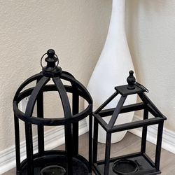 Set Of 2 Vintage Look With Wood  Handles Black Frame Candle Holder 