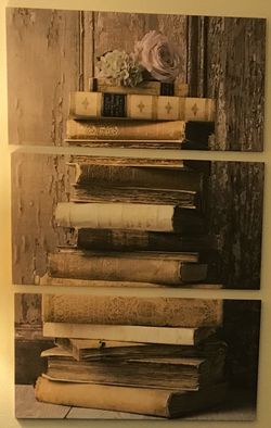 Extra Large 3 Piece Wall Art | Stacked Vintage Books | Triptych Canvas Set | Neutral Rustic Home Decor