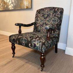 Vintage Design Louis XVI Style Oversized Green Armchair w/ Caster Wheels and Nailhead Pins