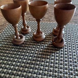Set Of 5 Vintage Wooden Shot Glasses With Puzzle Ring 