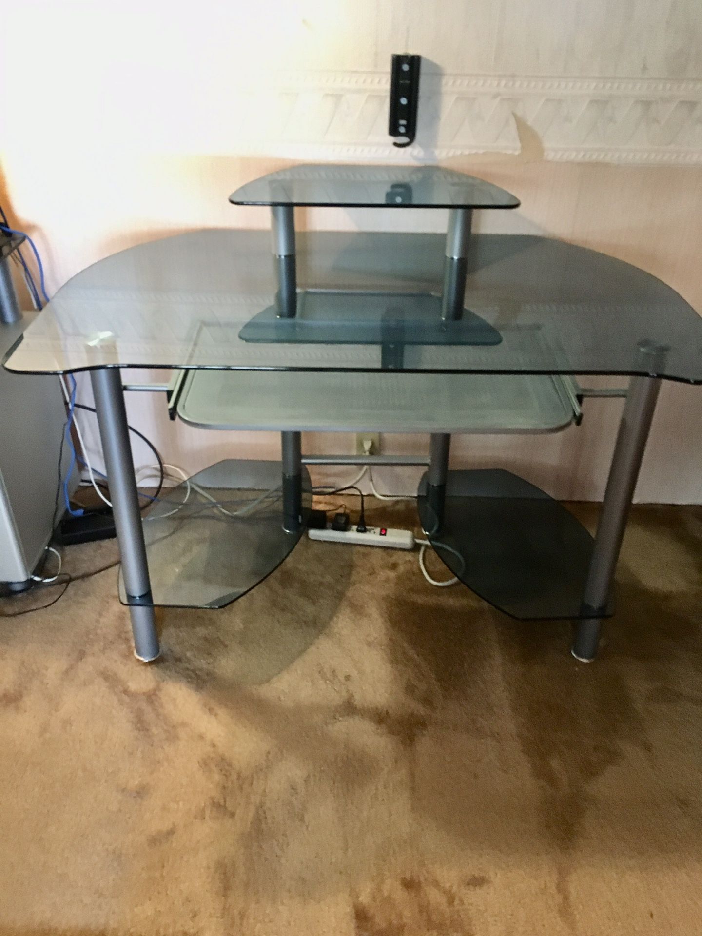 Glass desk, printer stand and bookcase