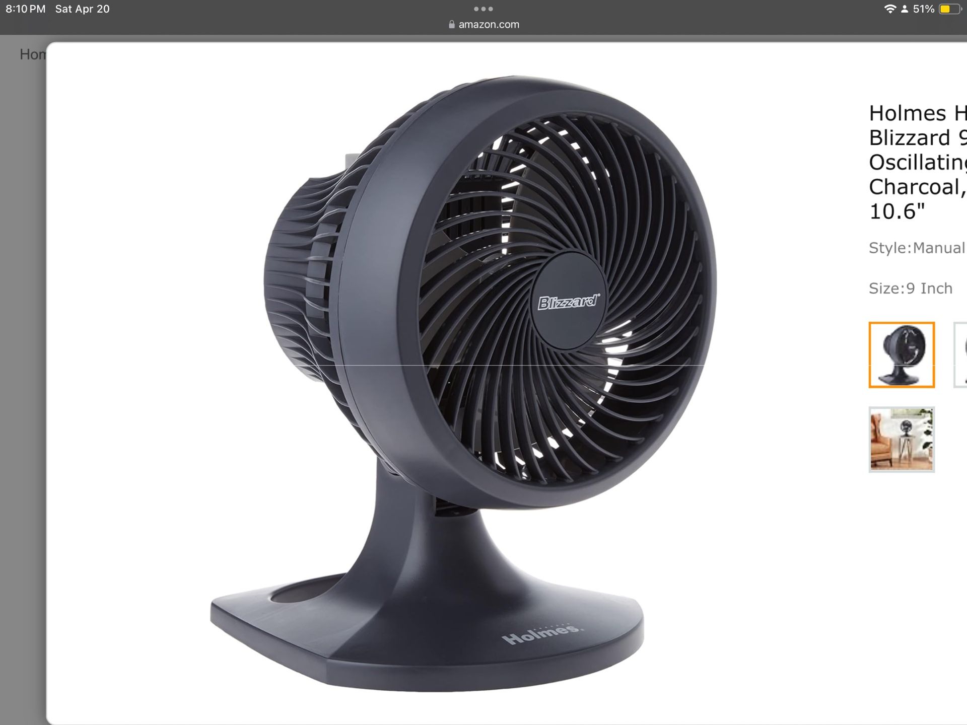 Holmes Blizzard Black (1ft 2in Height) (10in Length) (9 1/2in Width) oscillating Circular Room Fan