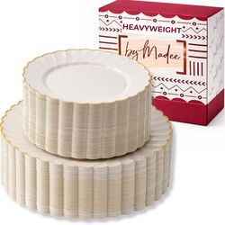 By Madee HEAVYWEIGHT 100 Pc Scalloped Ivory & Gold Plastic Plates for Party | 50 Dinner & 50 Dessert Nice Disposable Heavy Duty Plates | Elegant & Fan
