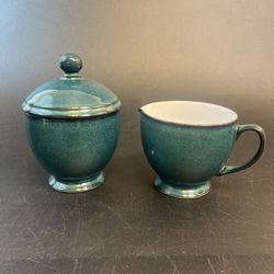 Vtg Denby Greenwich England Stoneware Creamer Cream Sugar Lidded Bowl Green Set