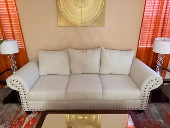 Cream Fabric Sofa with Nailhead Trim