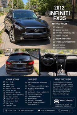 🚗 FOR SALE: 2012 INFINITI FX35 AWD 🚗  💰 Price: $5,000 OBO  🔥 Luxury SUV with sporty styling and legendary Infiniti reliability!  Vehicle Details: 