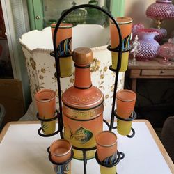 Vintage Orange Painted Mexican Decanter Shot/Tequila Set w/6 Shot Glasses Metal Stand