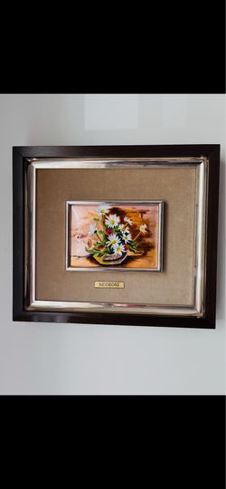 Vintage Negroni Enameled on Cooper Painting 3D Framed & Signed 15.5”-13.5”. Very rare Floral artwork by Negroni, enameled painting on cooper is in bea