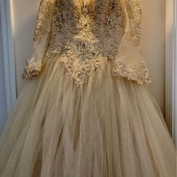 Champagne And Gold Off The Shoulder Quinceanera Dress