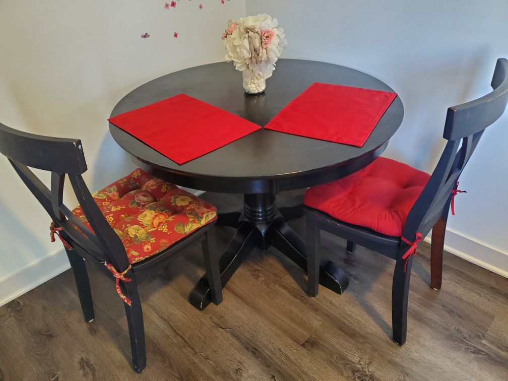 Black Wood Round Dining Table + 2 Black Chairs