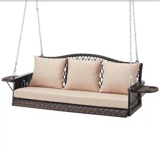 ✨️ Zeus & Ruta 3-Person Outdoor Wicker Hanging Porch Swing with Khaki Cushions for Garden, Backyard w8010
