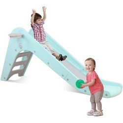 Toddler Indoor Slide, Foldable Baby Climber Playset with Basketball & Hoop 63 in Extra Long Slope, Non-Slip Steps, Sturdy Plastic, Outdoor Playground
