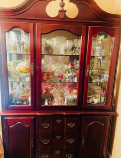 Cherry Wood China Cabinet Hutch & Cherry wood formal dining table and chair set, featuring an intricate starburst book-matched veneer tabletop inlay a