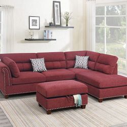 Brand New Red Velvet Like Sectional Sofa Couch +Storage Ottoman (New In Box) 