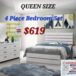 4 Piece Bedroom Set : Bed Frame + Dresser + Mirror + Nightstand 