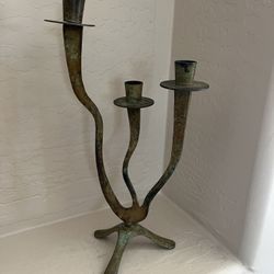 Vintage MCM Brutalist Brass Wavy  3 Arm  Candle Holder
