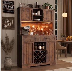 Rustic Wood Coffee Bar Cabinet with Wine Rack