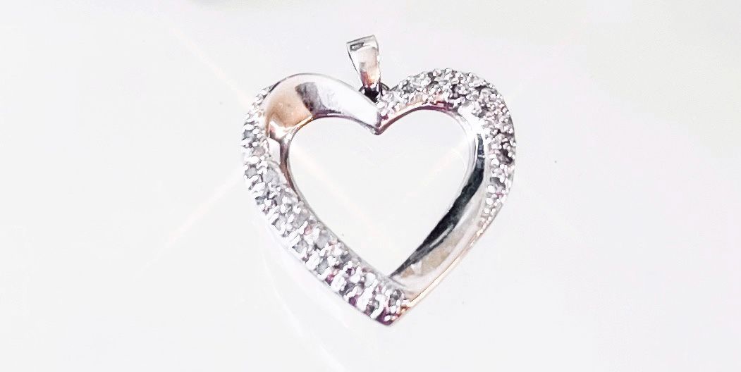 Brilliant Sterling Silver Heart Pendant w/ Genuine Pavé Set Diamond Chips