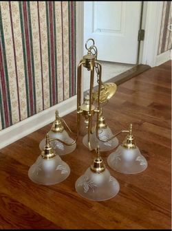 Brass 5-Light Chandelier with Frosted Glass Shades