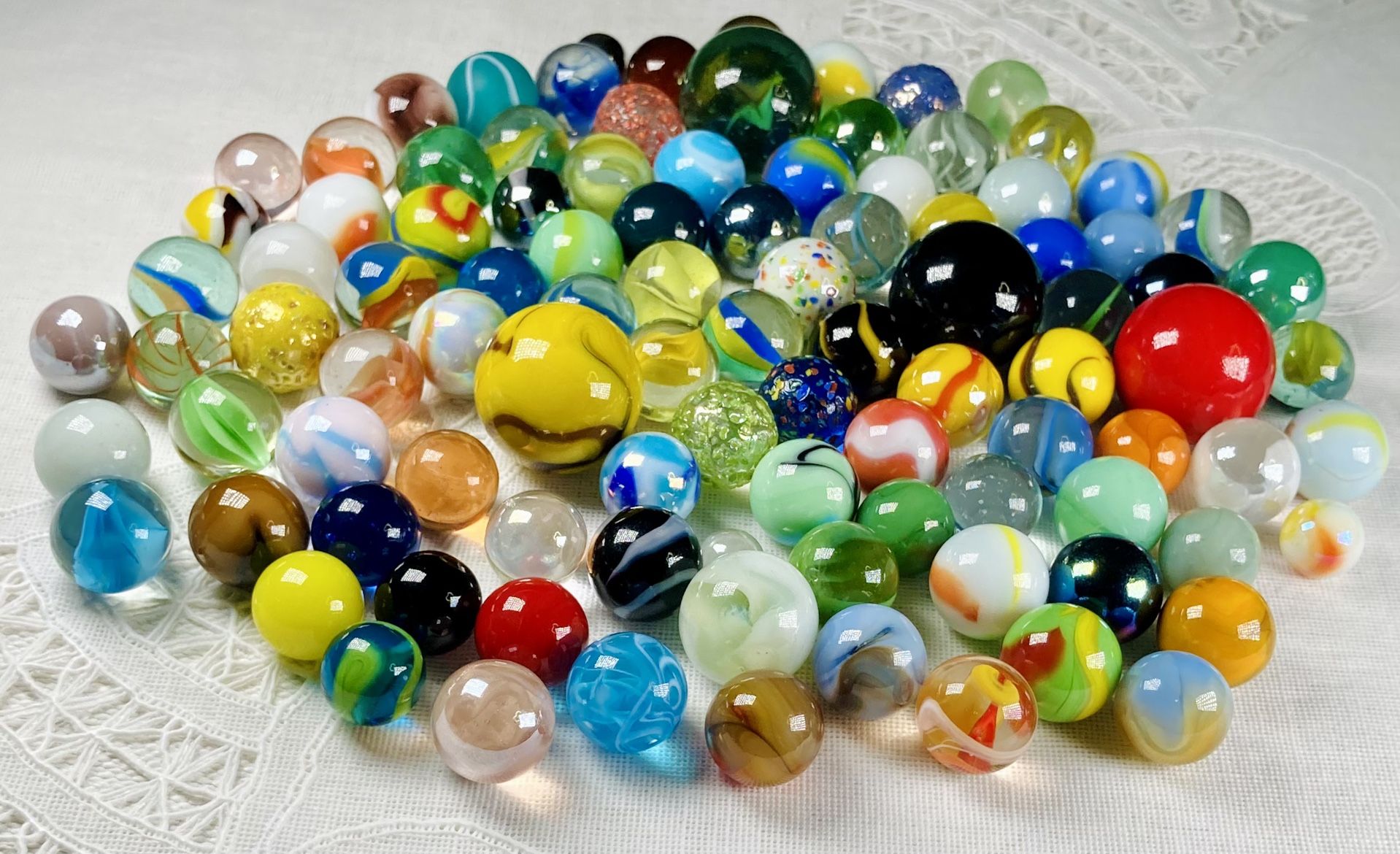 Jar of 100 Dazzling Vintage & Collectible Marbles Retired Vacor + Jabos + More