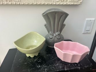 MCM Art Pottery American 3 Pieces Pink Green Gray USA
