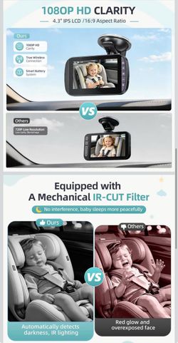 Wireless Baby Car Camera Monitor – 1080P HD Rear Seat Camera, 4.3” IPS Screen, 120° Wide Angle, IR-CUT Night Vision, USB & Battery Powered Plug and Pl
