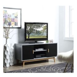 Gray TV Stand with Black Doors and Wooden Legs
