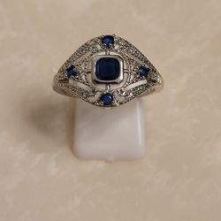 925 Silver CZ and Sapphire Ring Size 10
