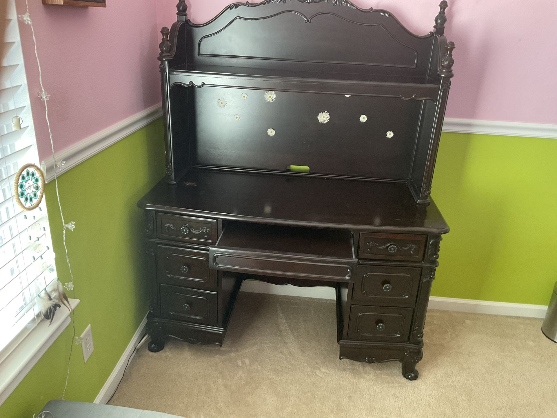 Kids room Desk with Hutch in dark brown solid wood