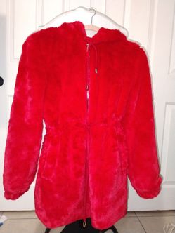 RED FAUX FUR HOODED JACKET