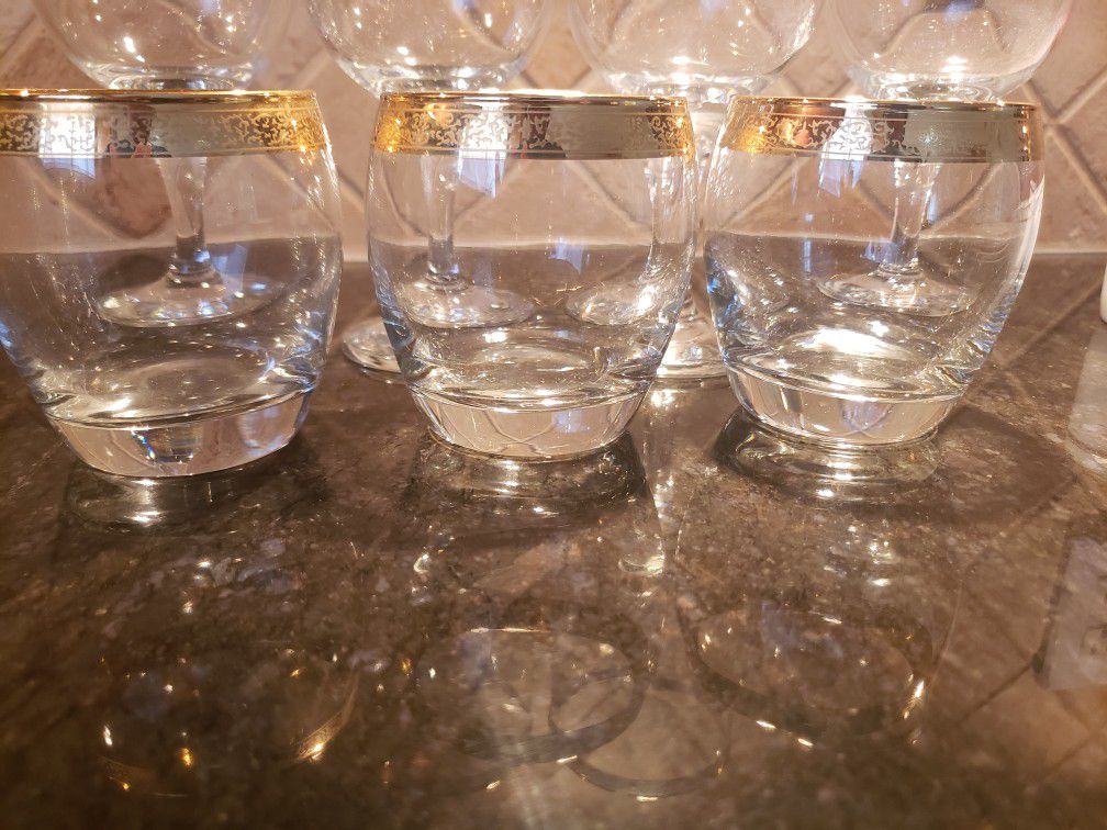 Gold Rimmed Glasses Stemless and Stemware Decorative Crystal Glasses with Gold Rim Vintage Antique 