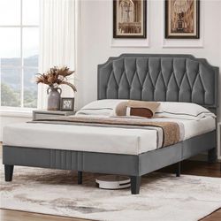 Velvet-fabric Upholstered Wooden Slat Support Bed Frame (UNOPENED)