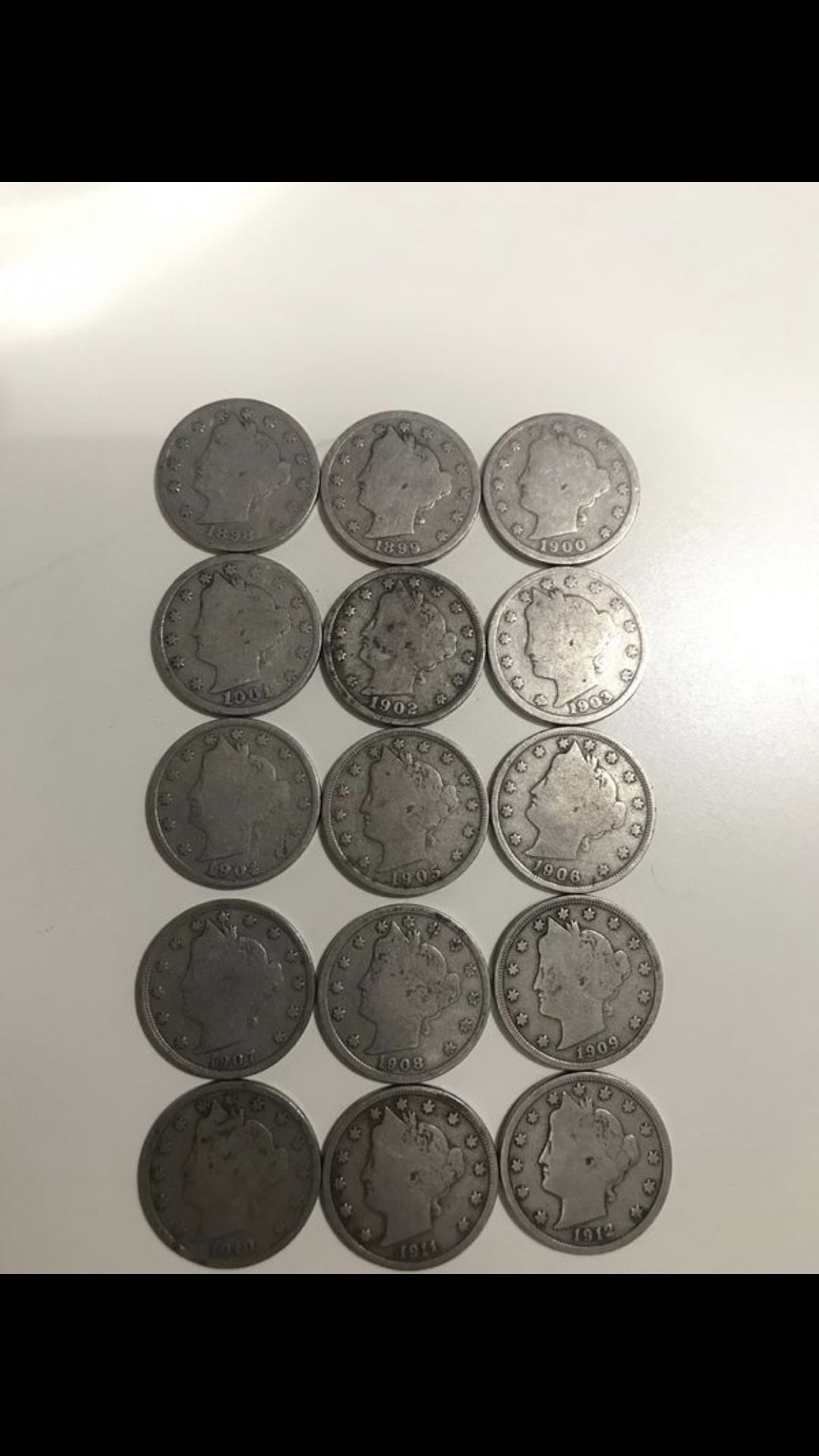 Liberty nickels 15 pieces /consecutive dates 1898 to 1912