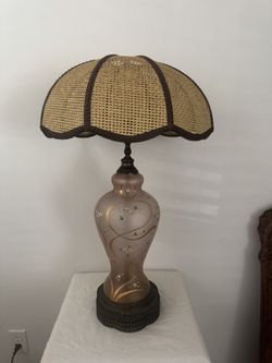 Antique Art Deco glass opaline table lamp with gold flowers 