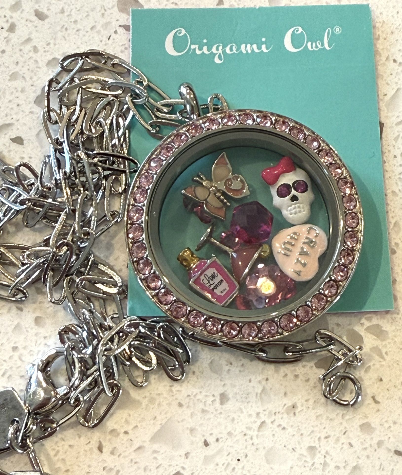 NEW Origami Owl Living Locket Chain Necklace Rhinestone Pink Skull Halloween New In Box Includes all charms inside Locket openes Only 1 available