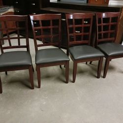Set of 4 Modern Cherry Wood / Black Leather Chairs