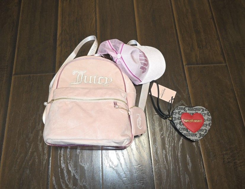 Pink Juicy Couture backpack and hat and black , grey red wristlet purse wallet