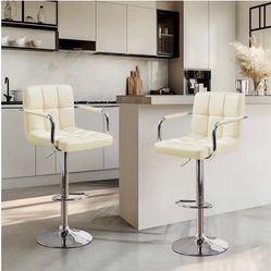 Bar Stools Set of 2, PU Leather Adjustable Swivel Barstools, Hydraulic Kitchen Counter Height Bar Chairs with Armrest and Back for Bar, Kitchen, Dinin