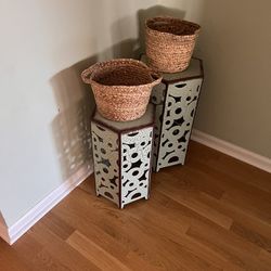 Metal Plant Stands And Two Flower Pot Baskets