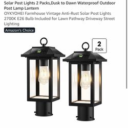 Solar Post Lights 2 Packs,Dusk to Dawn Waterproof Outdoor Post Lamp Lantern OYKYOHEI Farmhouse Vintage Anti-Rust Solar Post Lights 2700K E26 Bulb Incl
