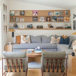 Custom Sectional Sofa and White Oak End Tables By Skout interiors, Amber interiors, Schoolhouse Gantry Sconces For Sale