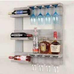 Elita 3 Bottle Solid Wood 🪵 Wall Mounted Wine 🍷 Bottle & Glass Rack