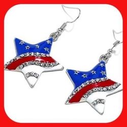 New Absolutely Beautiful Patriotic Rhinestone 🌟 Star American 🇺🇸 Flag Enamel Earrings  Sparkles!