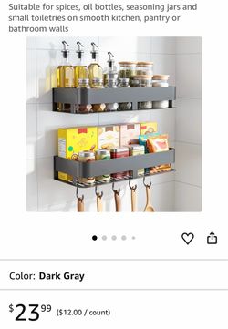 Dark Gray Wall-Mounted Kitchen Shelf with Hooks