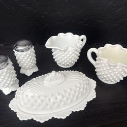 Vintage Fenton Hobnail Milk Glass 5-Piece Set - Marked - 1970s