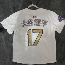 $50 Adult and youth  White Gold Blue Outline Stitched Los Angeles Dodgers Shohei Ohtani Championship Jersey *Japanese kanji*